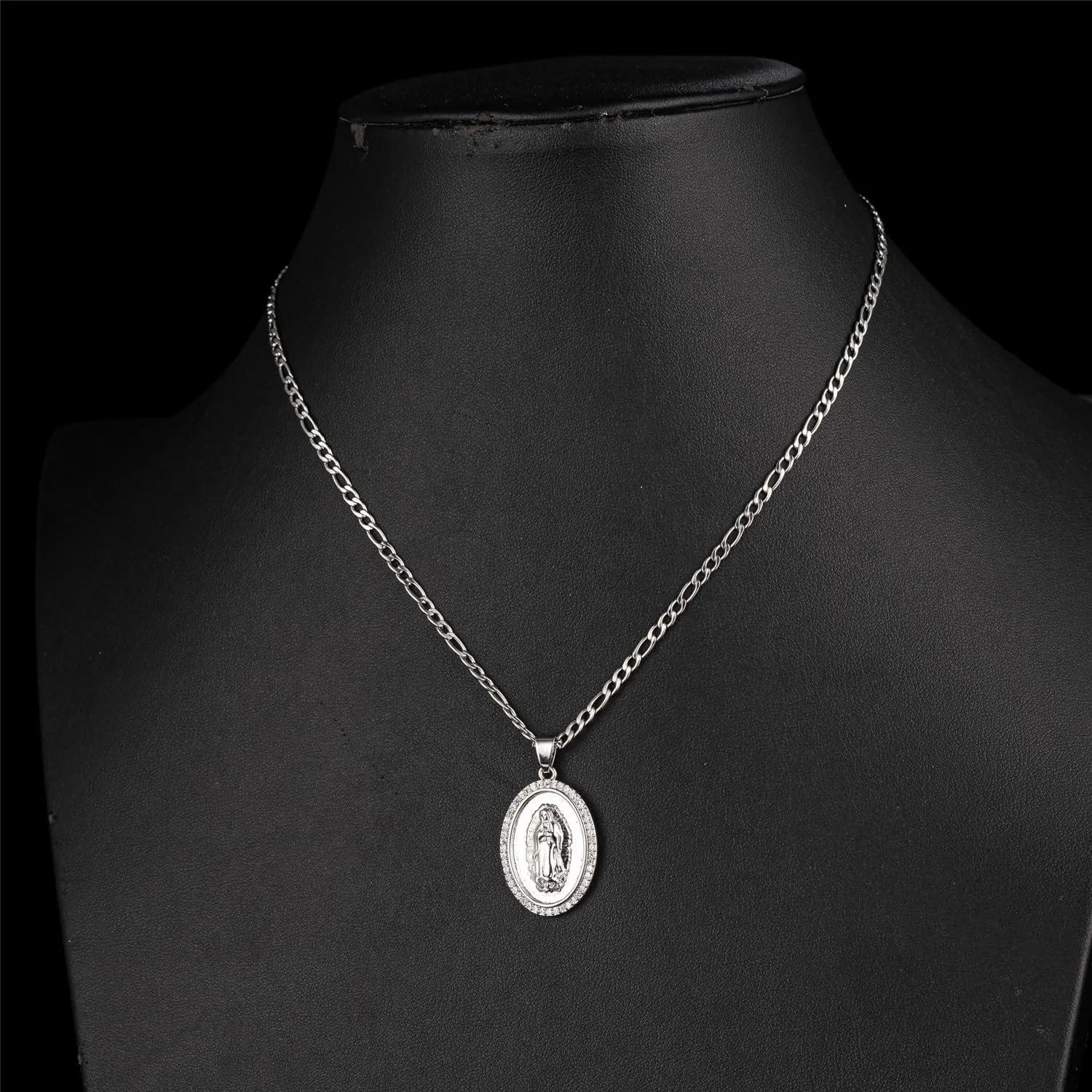 14K Gold Plated Guadalupe Virgin Mary Oval Pendant Necklace for Women Men Zircon Inlay Virgin Mary 3mm Flat Figaro Chain Necklace