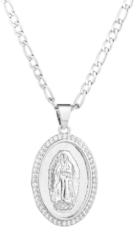 14K Gold Plated Guadalupe Virgin Mary Oval Pendant Necklace for Women Men Zircon Inlay Virgin Mary 3mm Flat Figaro Chain Necklace