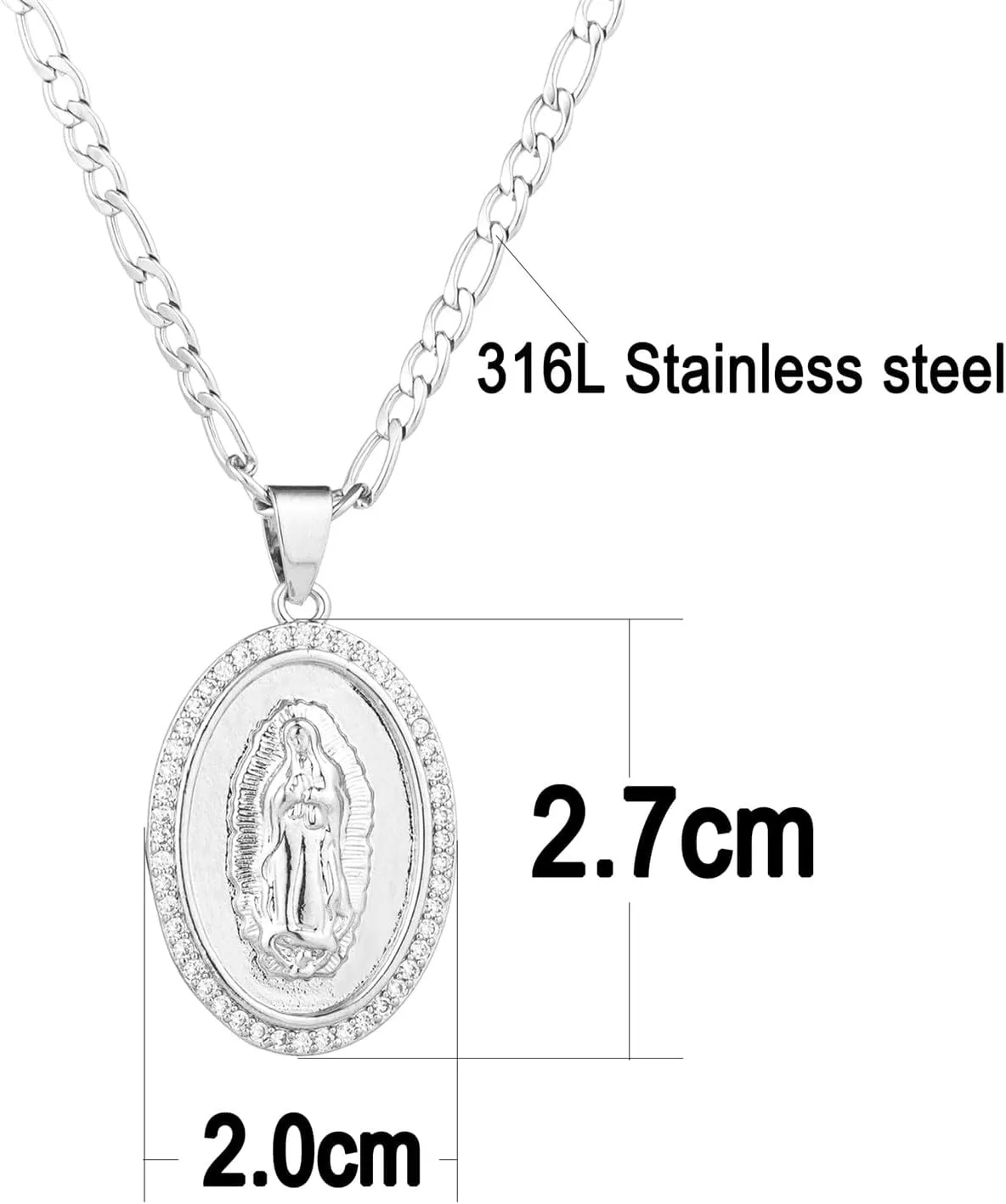 14K Gold Plated Guadalupe Virgin Mary Oval Pendant Necklace for Women Men Zircon Inlay Virgin Mary 3mm Flat Figaro Chain Necklace
