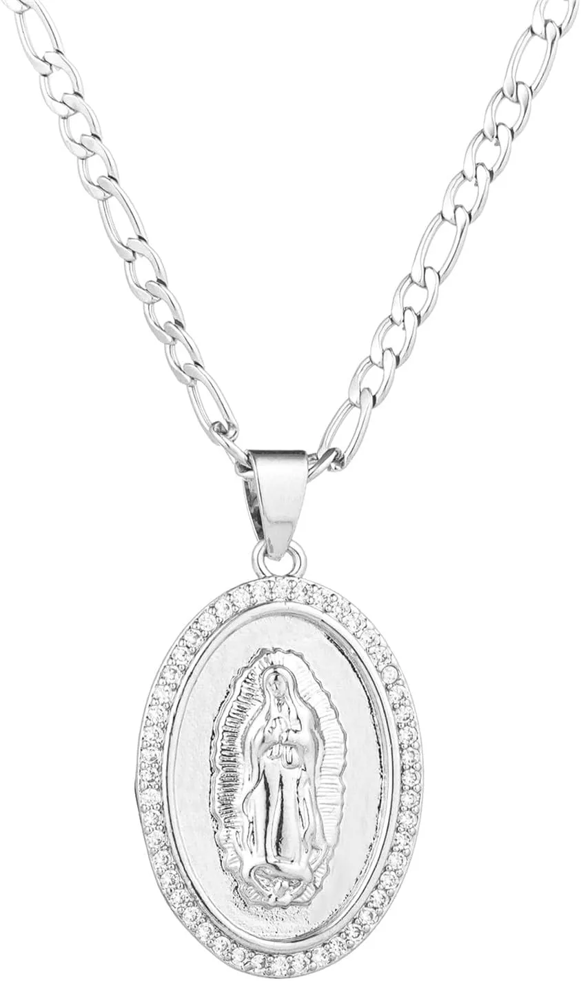 14K Gold Plated Guadalupe Virgin Mary Oval Pendant Necklace for Women Men Zircon Inlay Virgin Mary 3mm Flat Figaro Chain Necklace