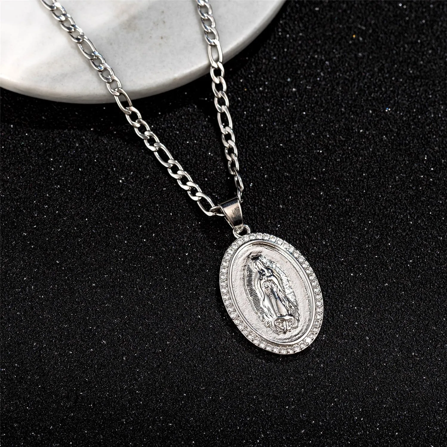 14K Gold Plated Guadalupe Virgin Mary Oval Pendant Necklace for Women Men Zircon Inlay Virgin Mary 3mm Flat Figaro Chain Necklace