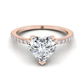 14K Rose Gold Heart Shape Center Diamond Simple French Pave Double Claw Prong Engagement Ring -1/6ctw