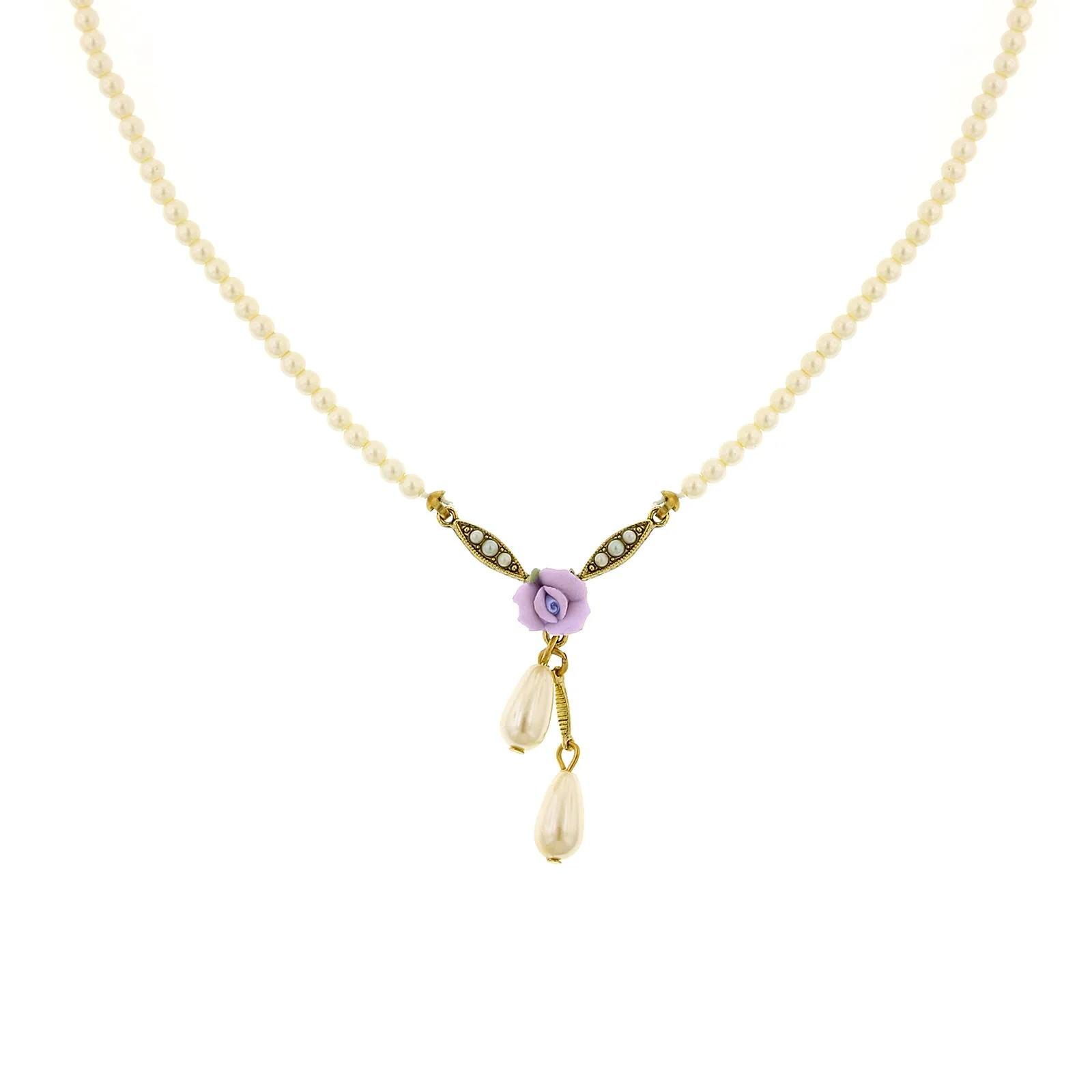 1928 Bridal Porcelain Rose And 3mm Faux Pearl Strand Drop Pendant Necklace 16"   3" Extender