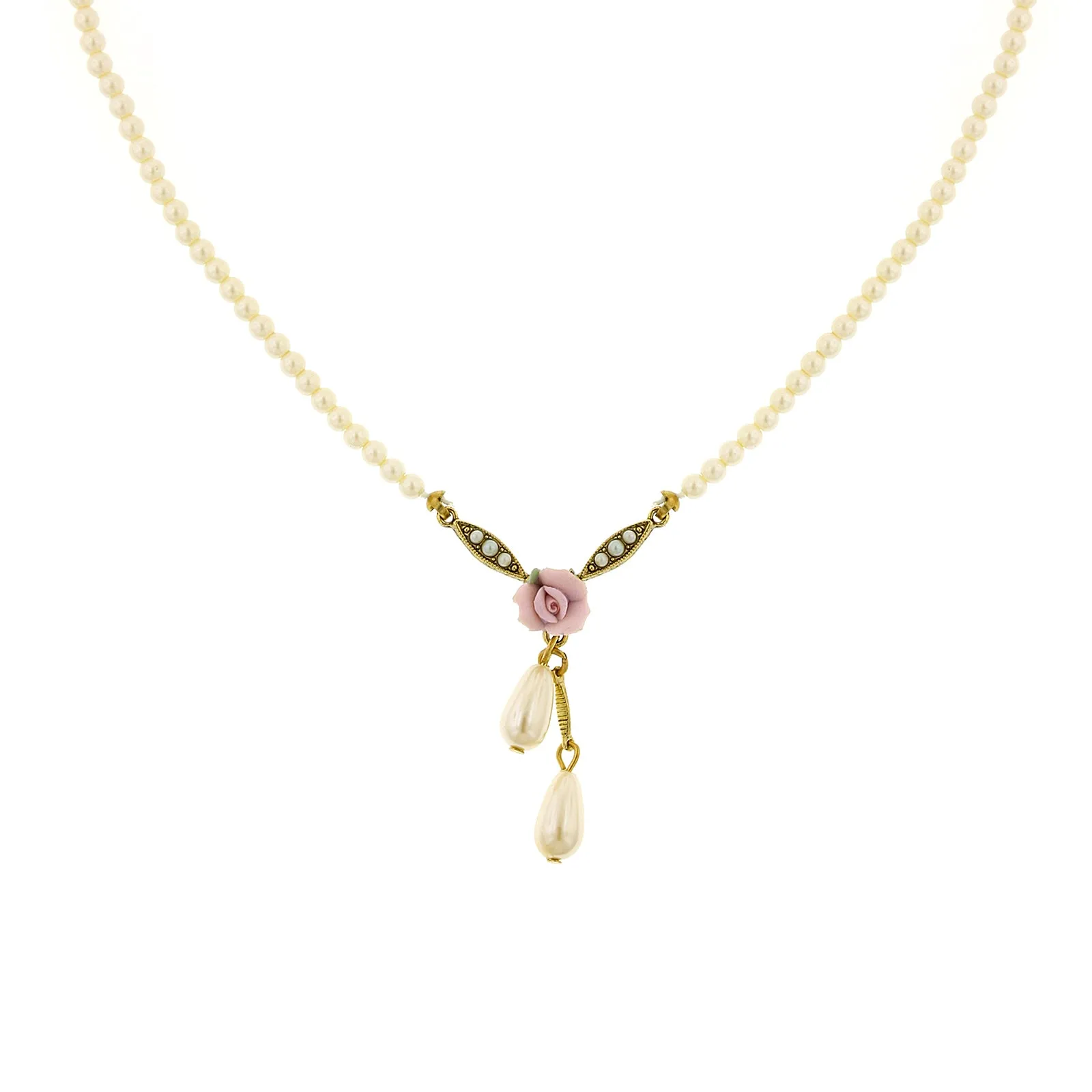 1928 Bridal Porcelain Rose And 3mm Faux Pearl Strand Drop Pendant Necklace 16"   3" Extender
