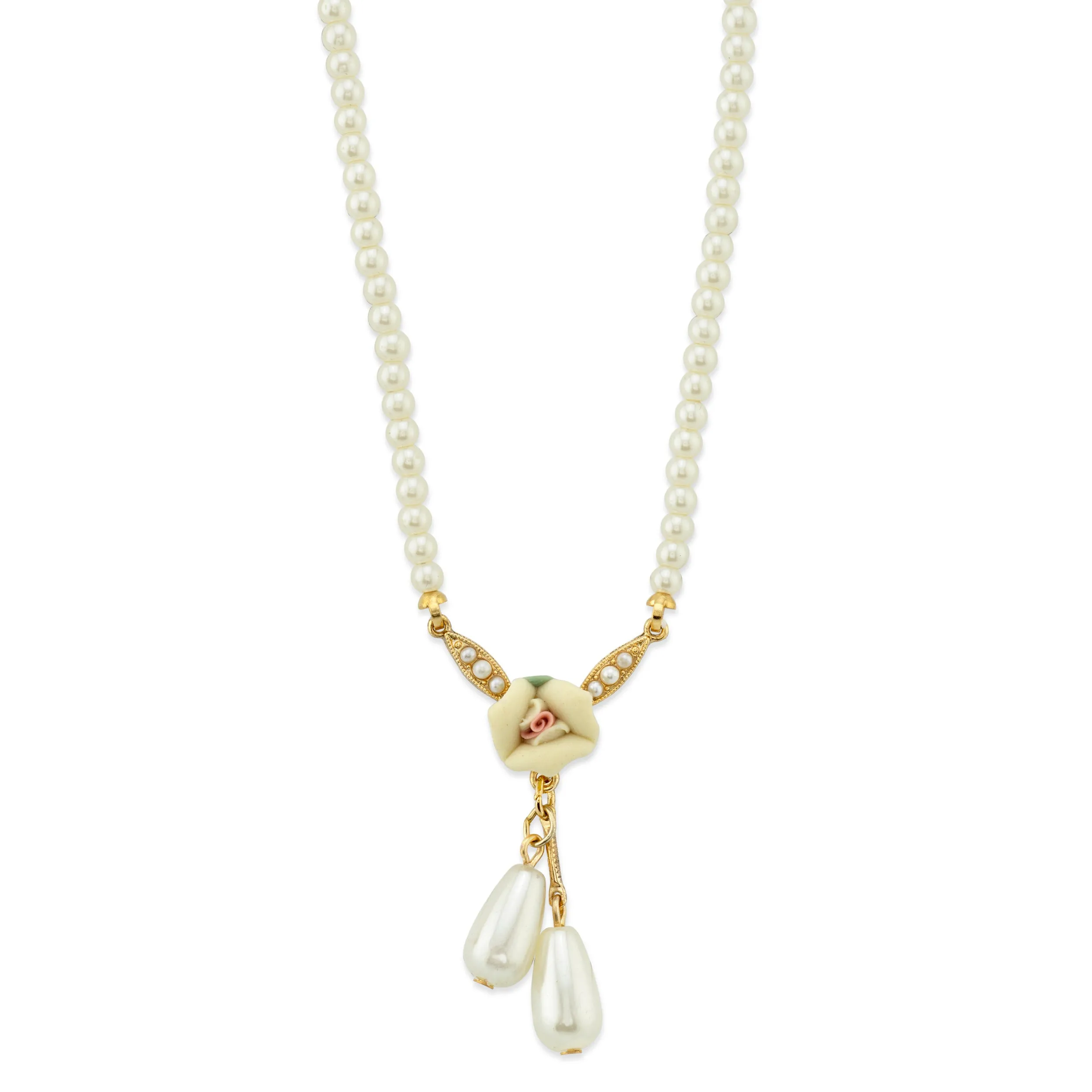 1928 Bridal Porcelain Rose And 3mm Faux Pearl Strand Drop Pendant Necklace 16"   3" Extender