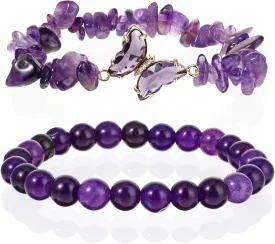 2Pcs Amethyst Beaded Bracelets for Women Stretch Purple Crystal Bead Friendship Bracelet with Butterfly Charms Stretchy Layered Bracelets Jewelry Gifts for Women Best Friend
