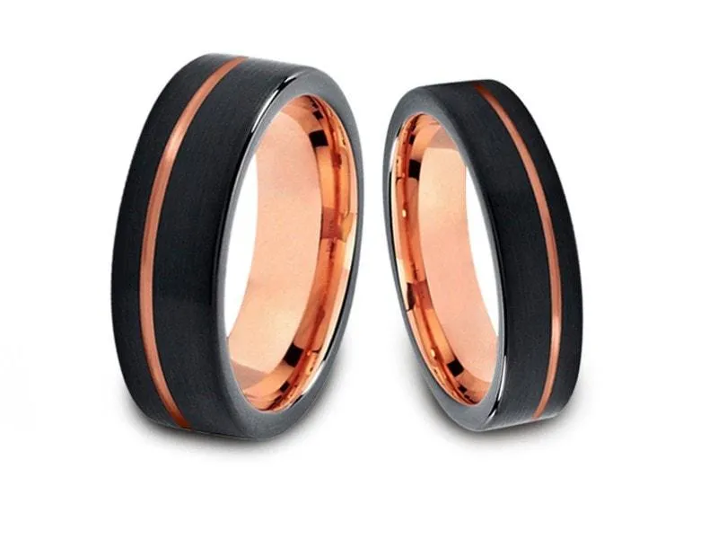 6MM/8MM BRUSHED BLACK Tungsten Wedding Band Set FLAT AND ROSE GOLD INTERIOR