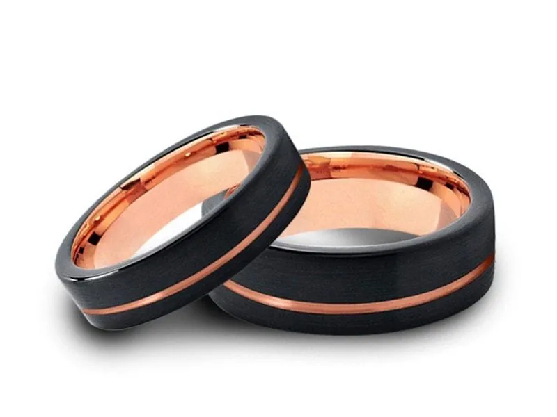 6MM/8MM BRUSHED BLACK Tungsten Wedding Band Set FLAT AND ROSE GOLD INTERIOR