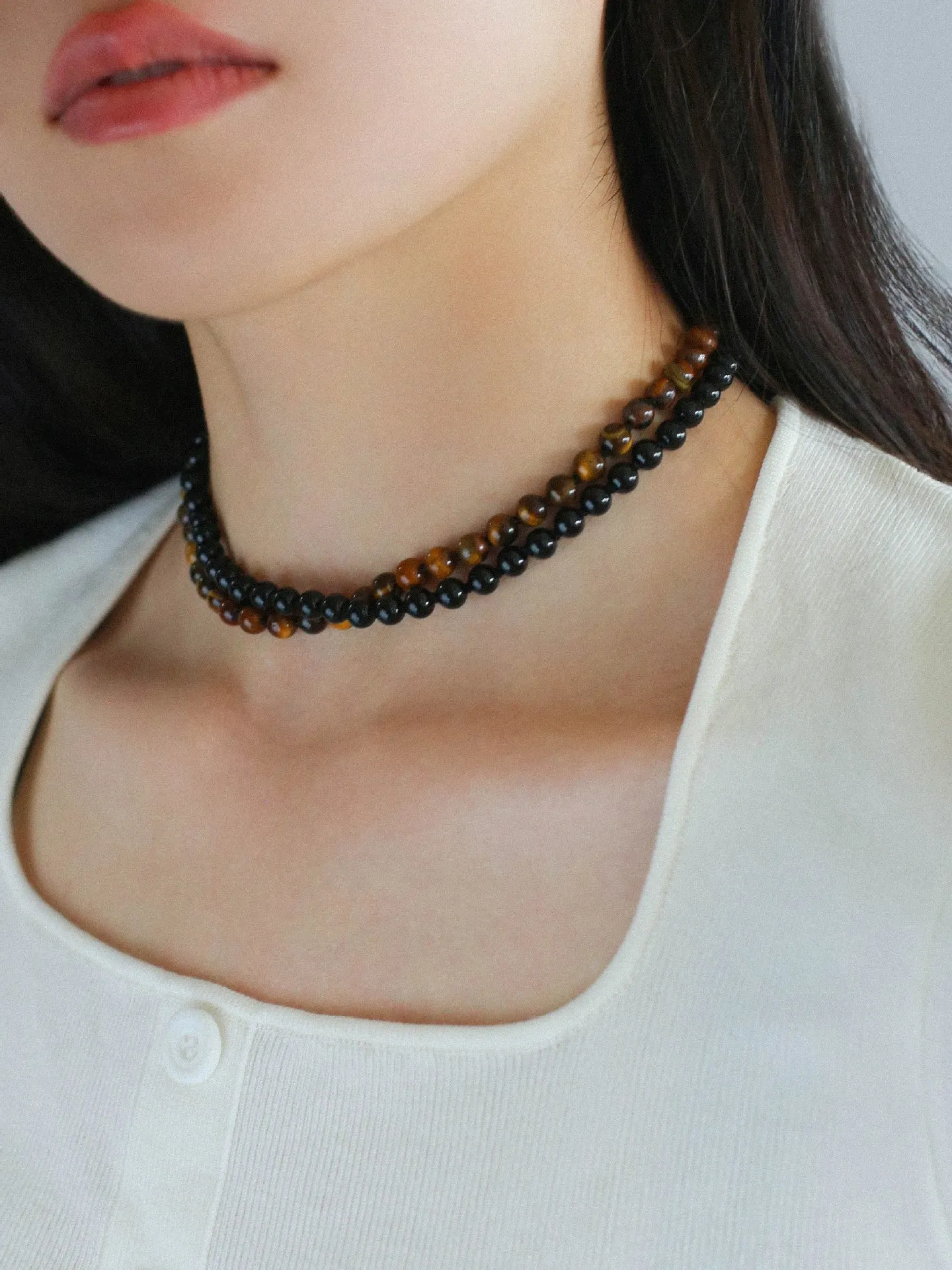 925 Silver Clasp 6mm Black Onyx Beaded Choker Necklace