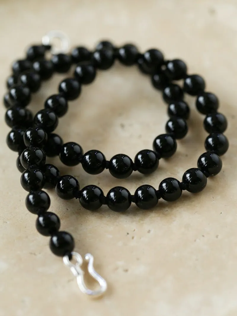 925 Silver Clasp 6mm Black Onyx Beaded Choker Necklace