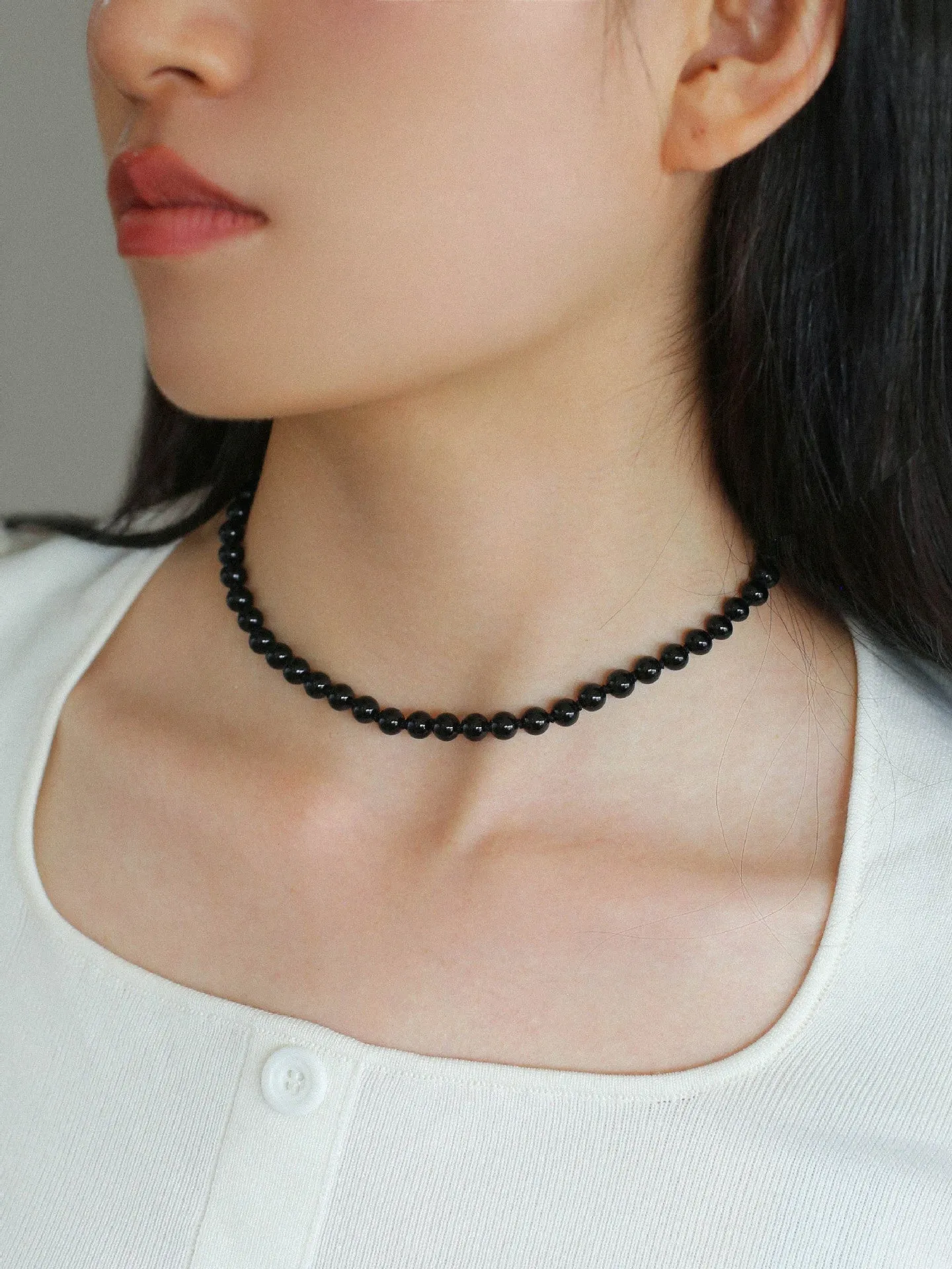 925 Silver Clasp 6mm Black Onyx Beaded Choker Necklace