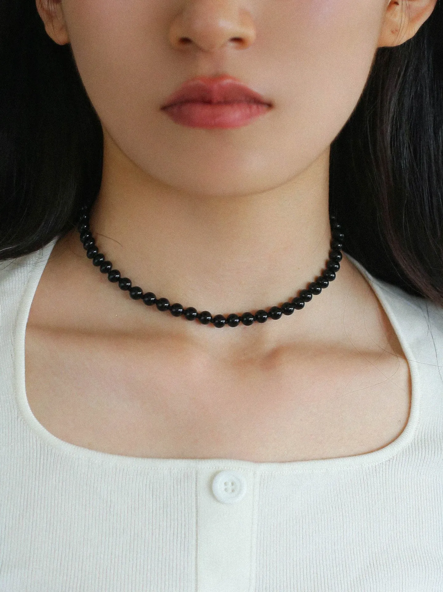 925 Silver Clasp 6mm Black Onyx Beaded Choker Necklace