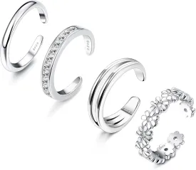 ADRAMATA 4 Pcs 925 Sterling Silver Toe Rings for Women Open Adjustable Band Rings Jewelry Set