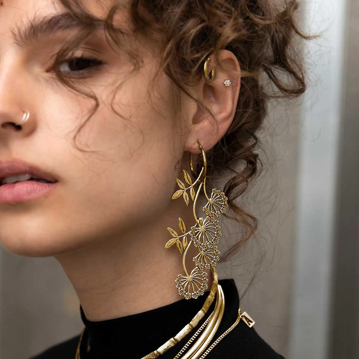 AELLA. Floral Drop Hoop Earrings - Gold