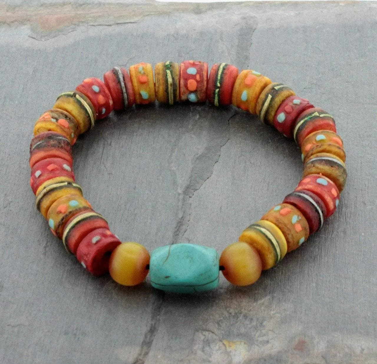 Amber Colored Yak Bone and Turquoise Wrist Mala
