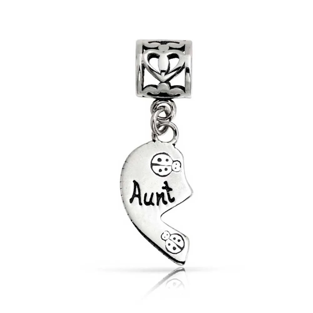Aunt Niece Puzzle 2PC Split Heart Dangle Bead Charm Sterling Silver