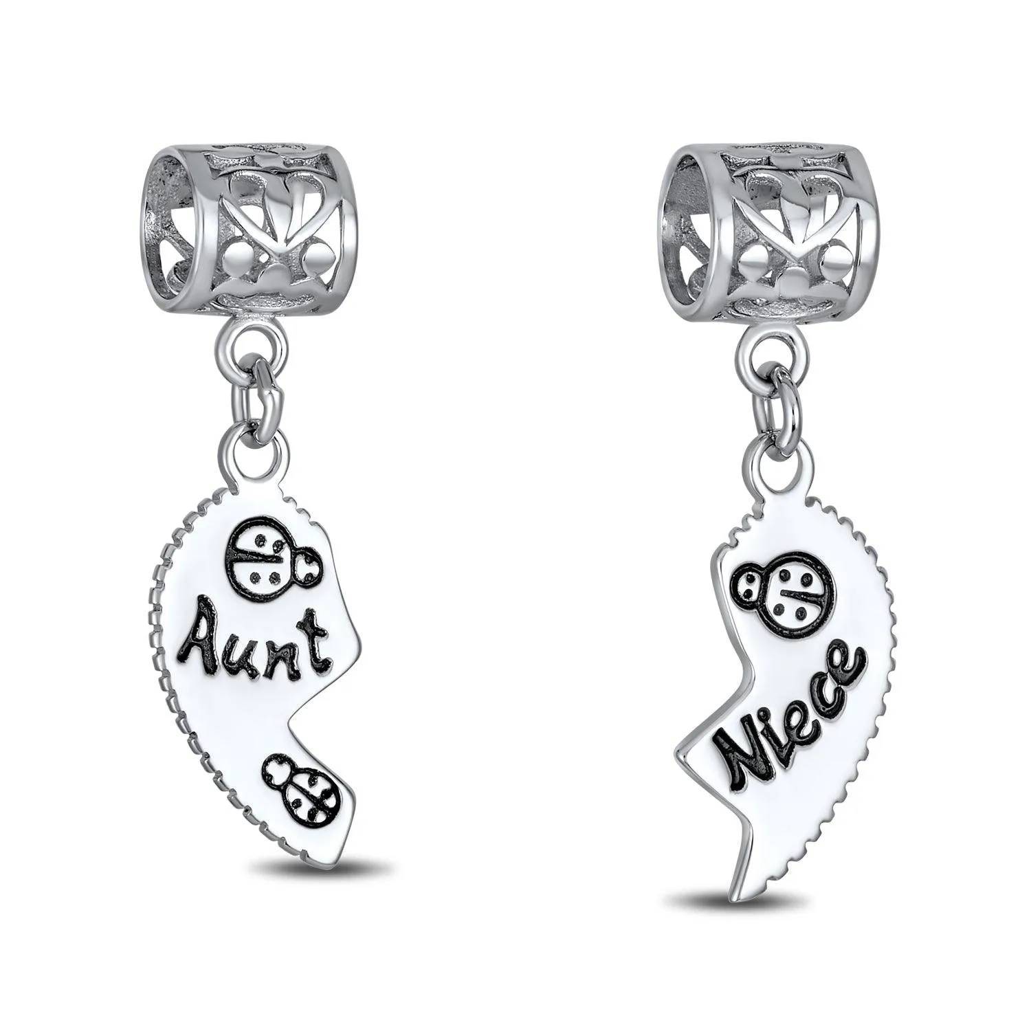 Aunt Niece Puzzle 2PC Split Heart Dangle Bead Charm Sterling Silver