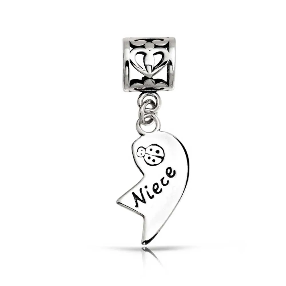 Aunt Niece Puzzle 2PC Split Heart Dangle Bead Charm Sterling Silver