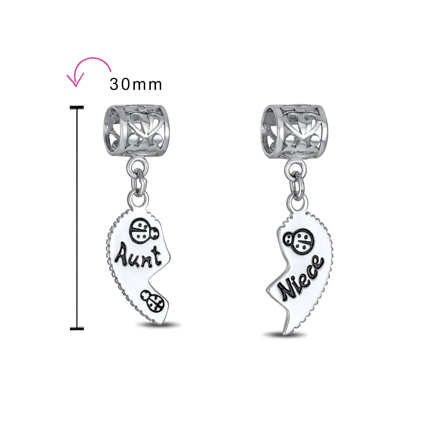 Aunt Niece Puzzle 2PC Split Heart Dangle Bead Charm Sterling Silver