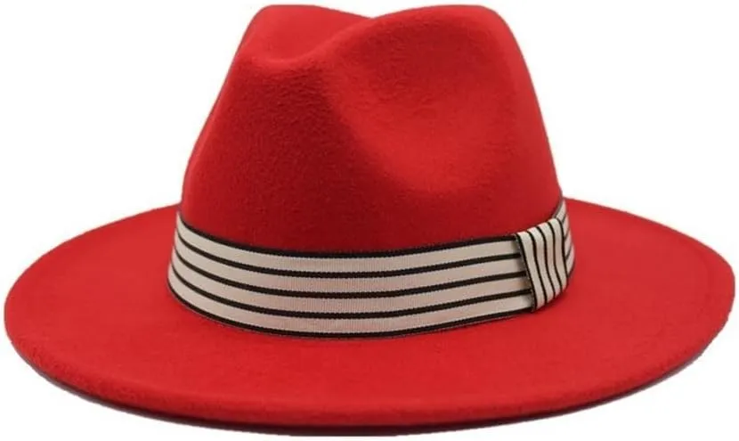 Autumn and Winter Woolen Jazz Top Hat Women's Stripe Retro Flat Brim Straight Brim Hat Men's and Women's Felt Hat Fengyan Cowboy Hats (Color : Rose Red, Size : Large(59-61cm))