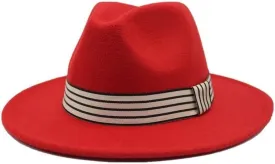Autumn and Winter Woolen Jazz Top Hat Women's Stripe Retro Flat Brim Straight Brim Hat Men's and Women's Felt Hat Fengyan Cowboy Hats (Color : Rose Red, Size : Large(59-61cm))