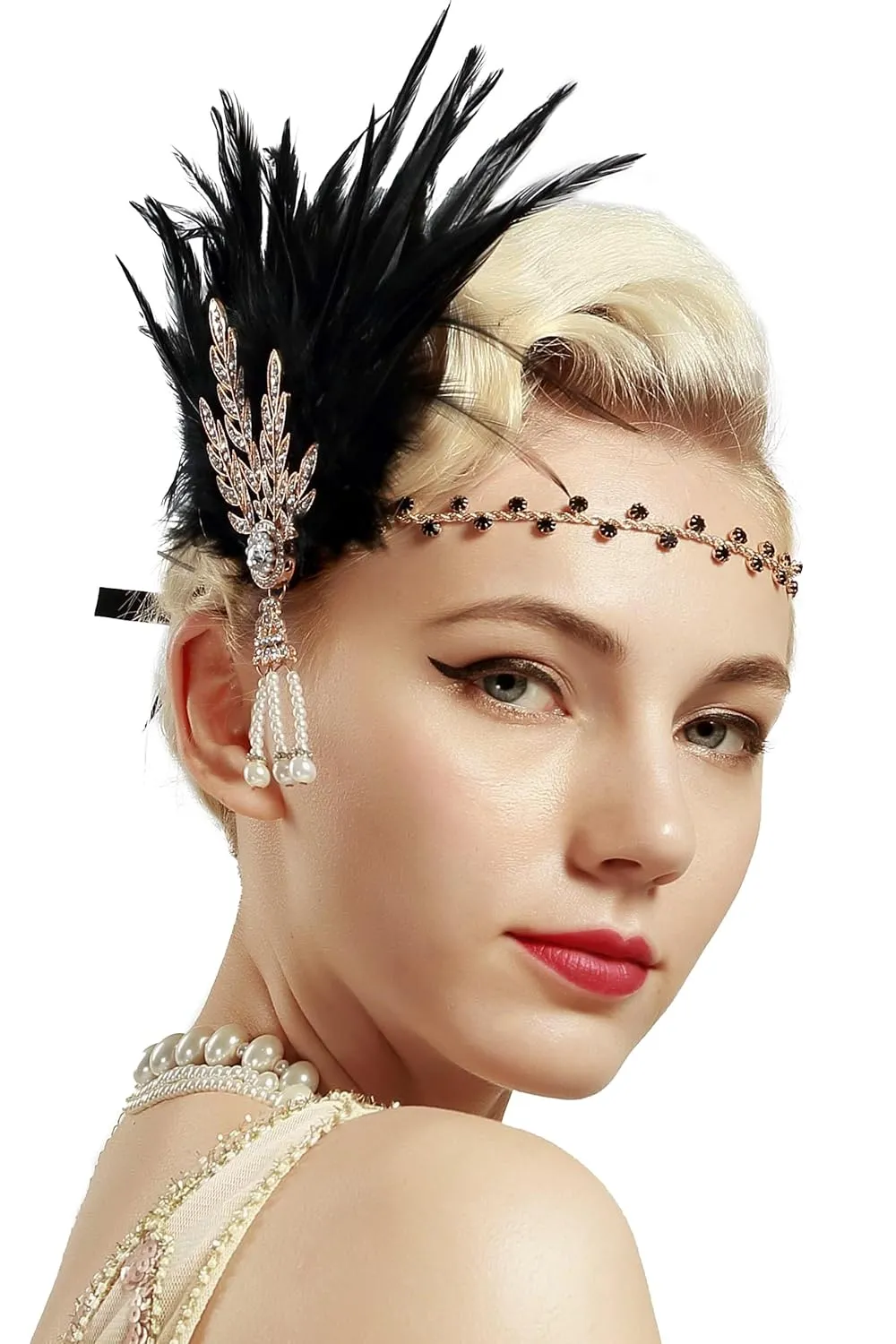 BABEYOND Art Deco 1920's Flapper Great Gatsby Inspired Leaf Medallion Pearl Headband Black Feather