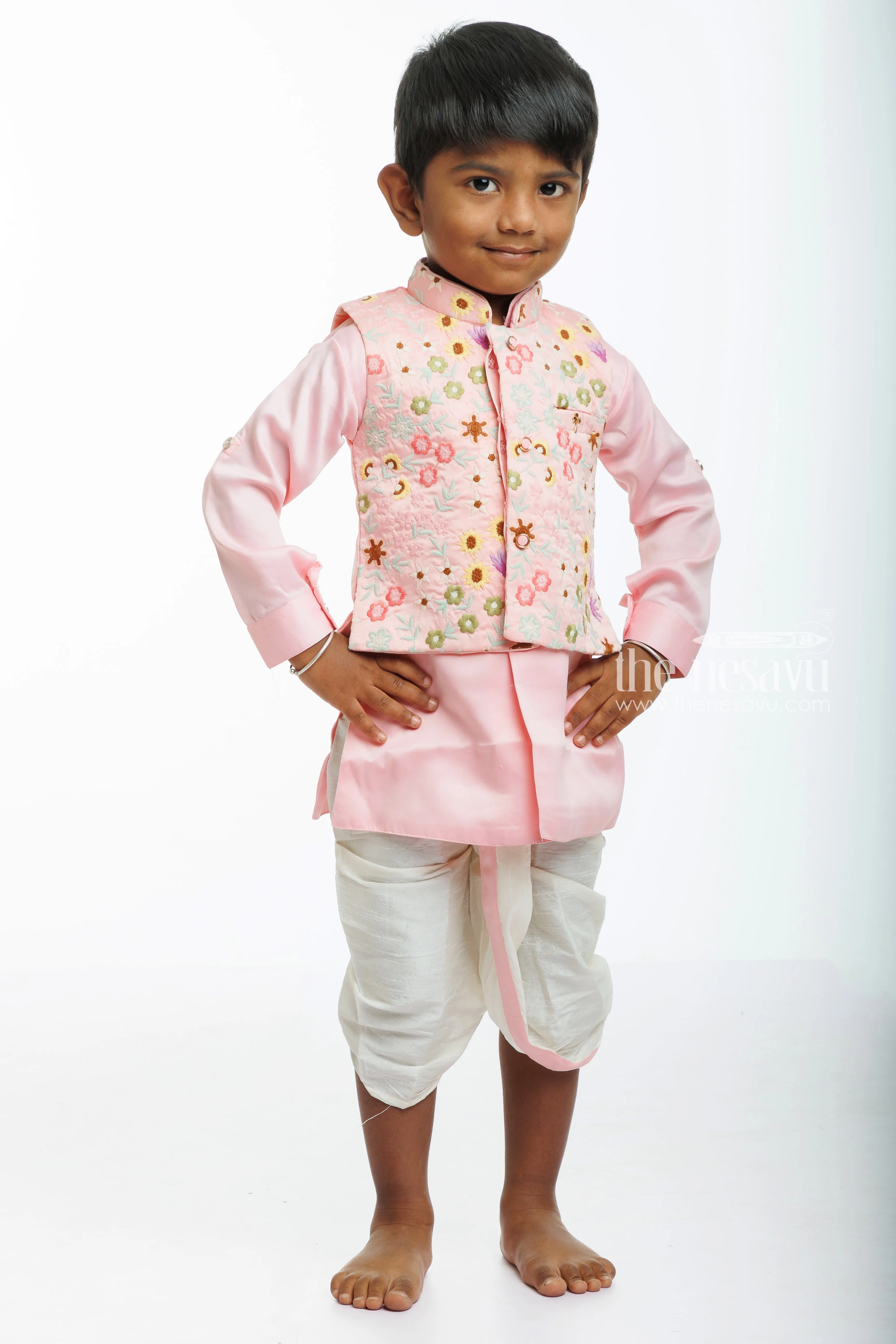 Boys Pink Embroidered Jacket with Kurta and Dhoti Pant Set