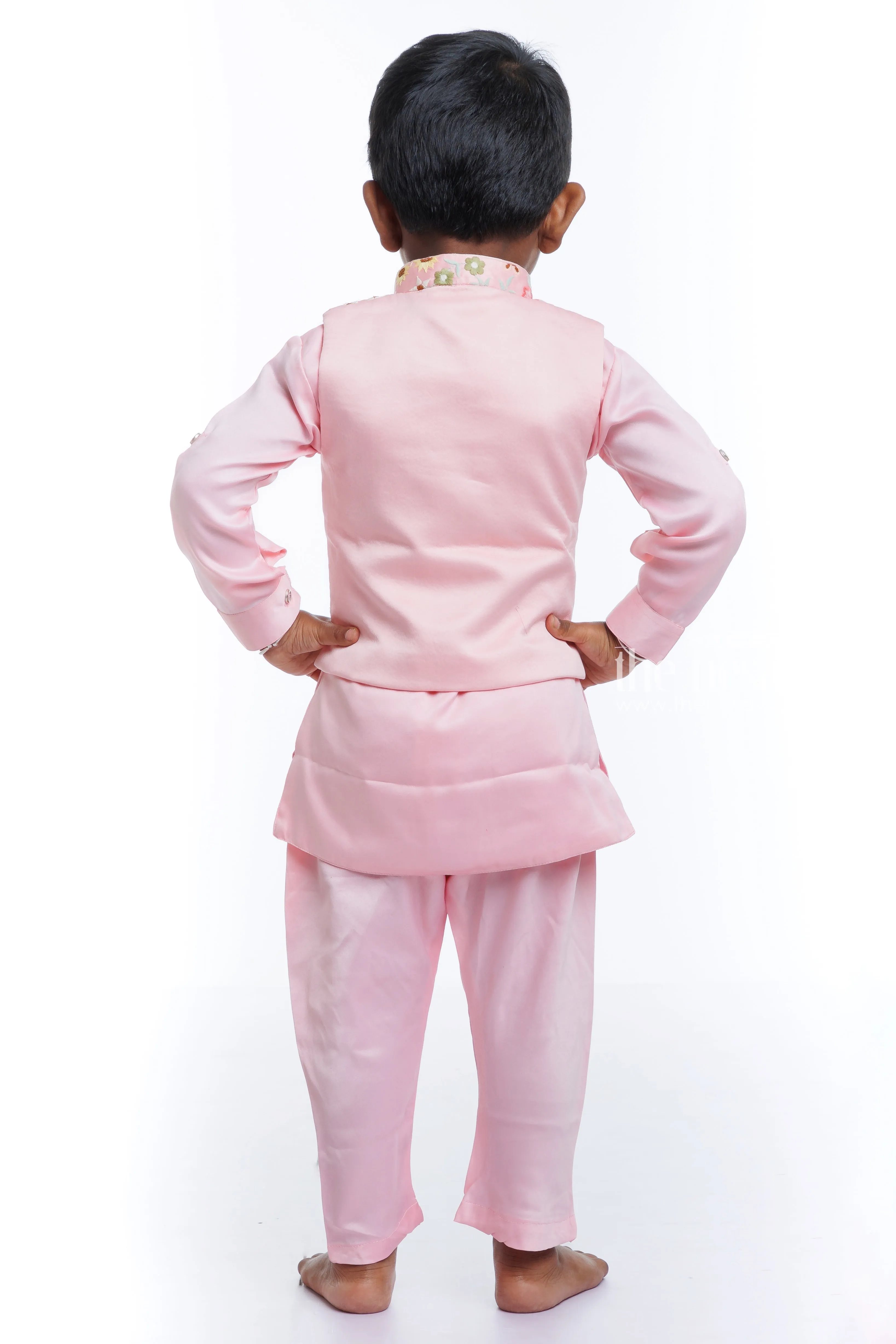 Boys Pink Embroidered Jacket with Kurta and Dhoti Pant Set