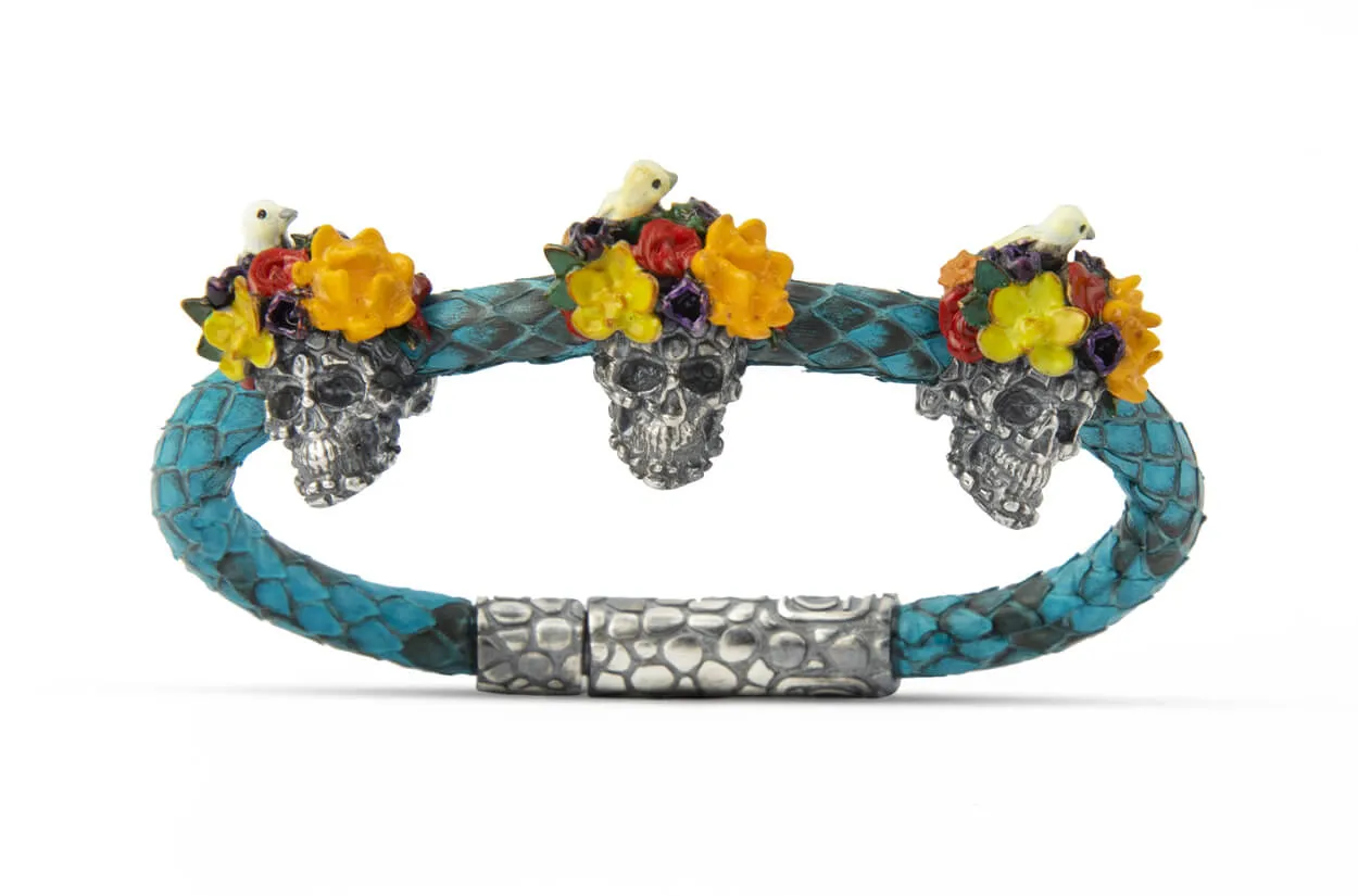 Bracelet LivingSkull Women Phyton Leather & Three Human Skulls