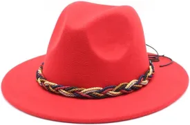 Cap Women's Fashion Simple Woolen Top Hat, Autumn and Winter Leisure Versatile Men's Jazz Hat Woven Rope Felt Hat Fengyan Cowboy Hats (Color : Rose Red, Size : Medium(56-58cm))