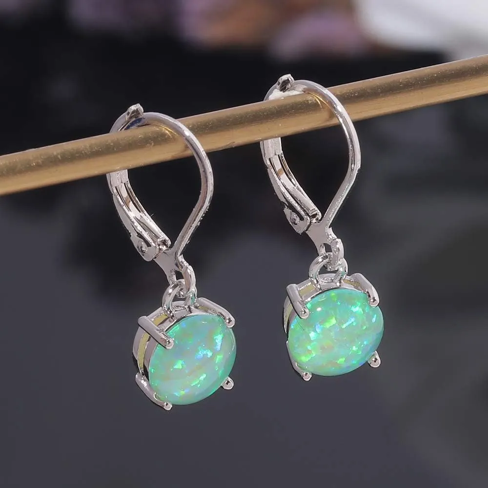 CiNily Round-Cut Opal Dangle Earrings, Green Fire Opal Rhodium Plated Women Jewelry Leverback Gemstone Drop Earrings