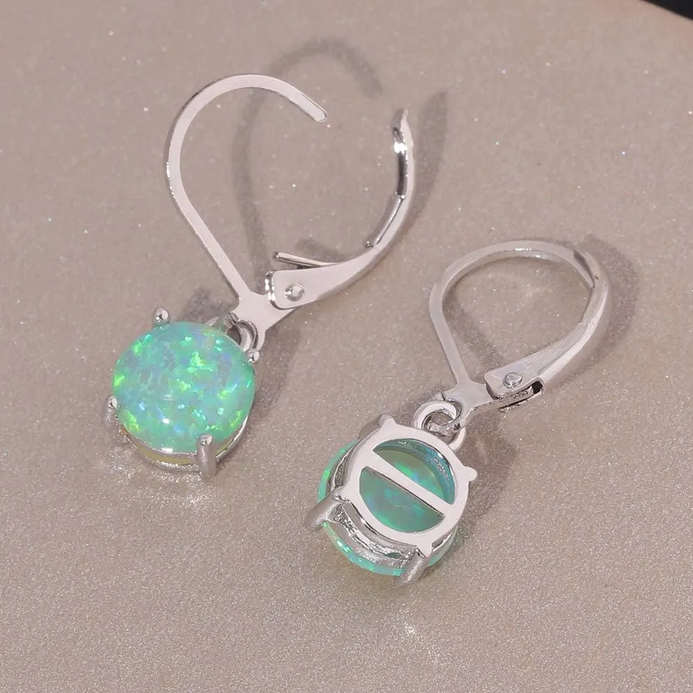 CiNily Round-Cut Opal Dangle Earrings, Green Fire Opal Rhodium Plated Women Jewelry Leverback Gemstone Drop Earrings