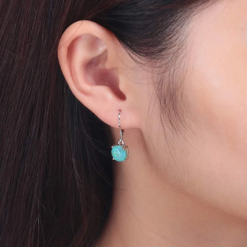 CiNily Round-Cut Opal Dangle Earrings, Green Fire Opal Rhodium Plated Women Jewelry Leverback Gemstone Drop Earrings
