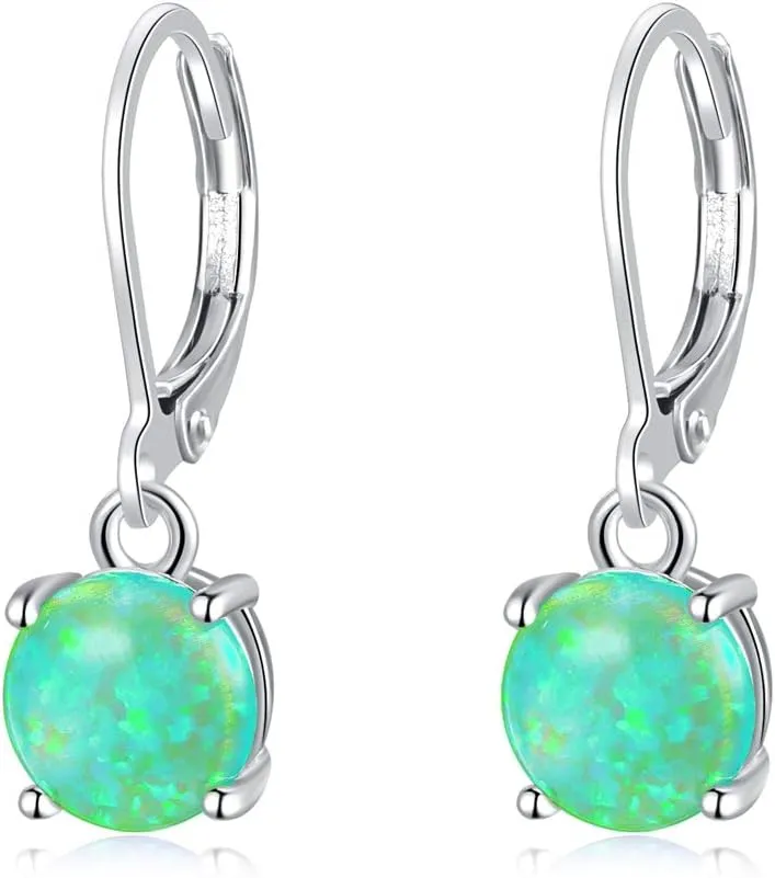CiNily Round-Cut Opal Dangle Earrings, Green Fire Opal Rhodium Plated Women Jewelry Leverback Gemstone Drop Earrings