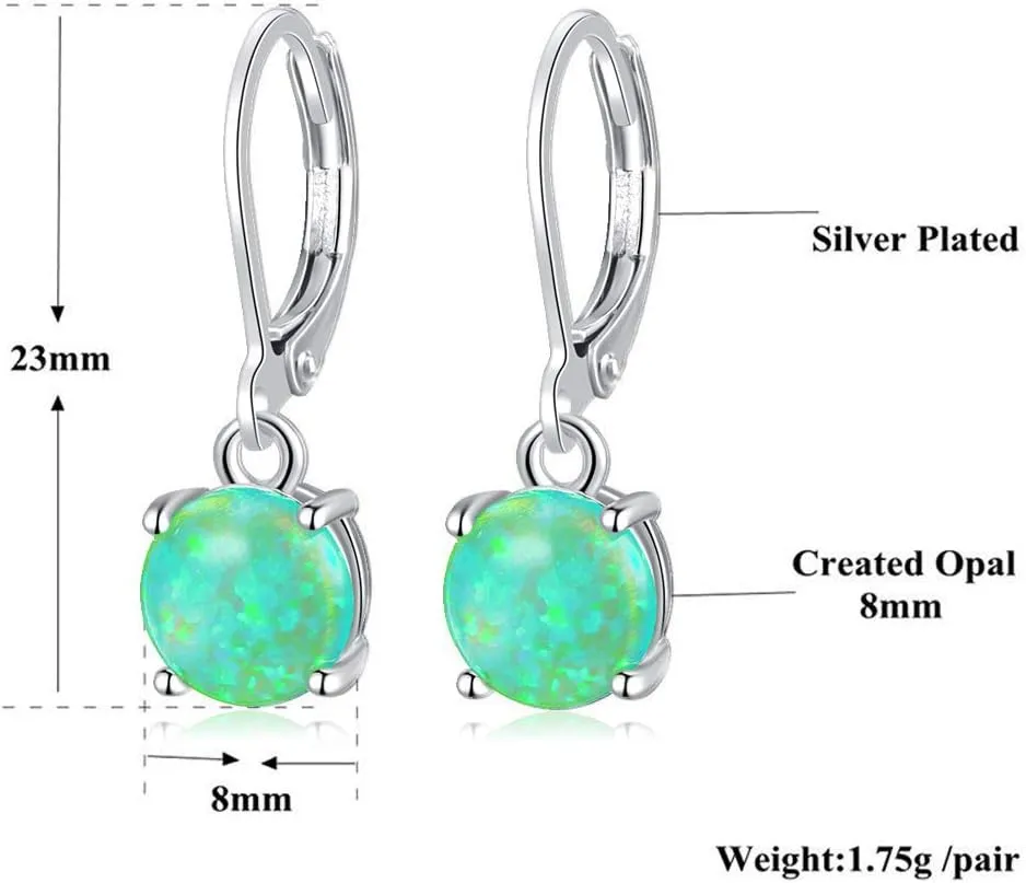 CiNily Round-Cut Opal Dangle Earrings, Green Fire Opal Rhodium Plated Women Jewelry Leverback Gemstone Drop Earrings