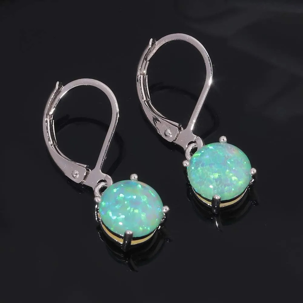 CiNily Round-Cut Opal Dangle Earrings, Green Fire Opal Rhodium Plated Women Jewelry Leverback Gemstone Drop Earrings
