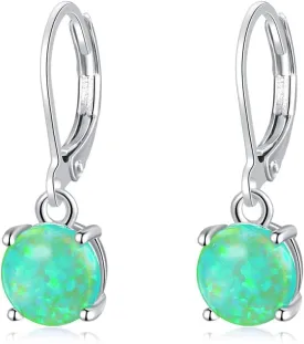 CiNily Round-Cut Opal Dangle Earrings, Green Fire Opal Rhodium Plated Women Jewelry Leverback Gemstone Drop Earrings