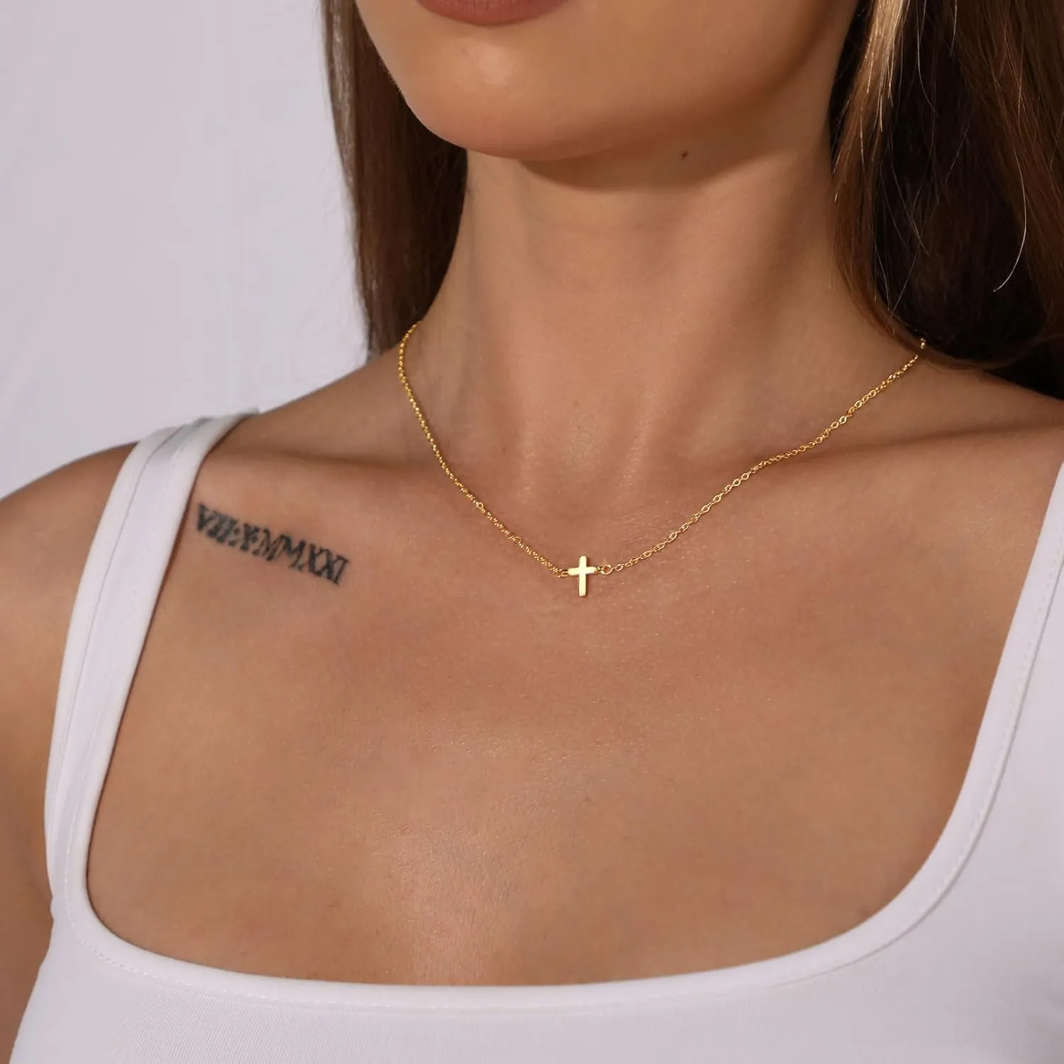 Cross Necklace for Women 14K Gold Silver Plated Sideways Cross Necklace Set Dainty Simple Silver Cross Choker Trendy Cute Layered Gold Cross Pendant Chain Faith Jewelry Gift