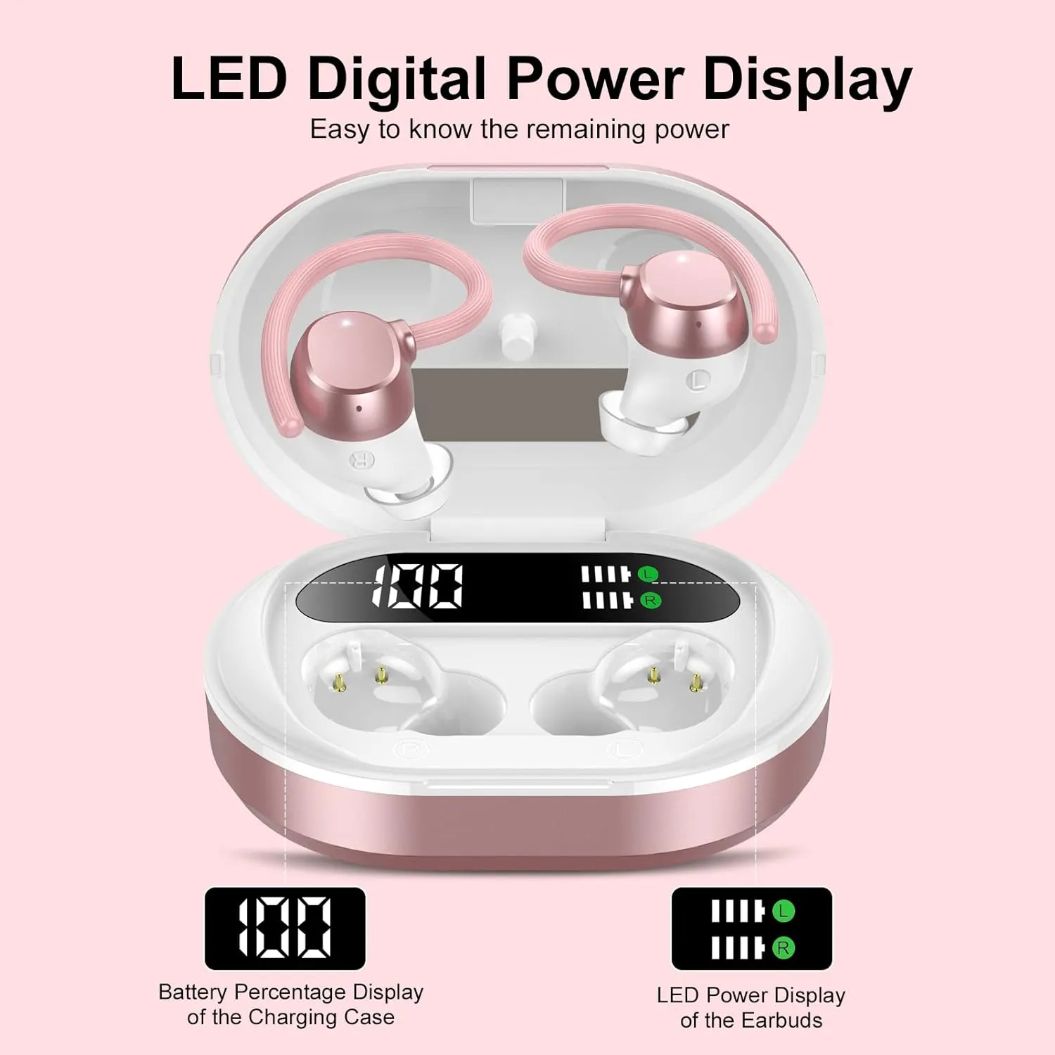 Ear buds Wireless Earbuds, HiFi Stereo Bluetooth 5.3 Running Headphones with Dual LED Display 30Hrs Playtime, Built-in Mic, Type-C, in-Ear Bluetooth Earphones with Earhooks for Sport, Rose Gold