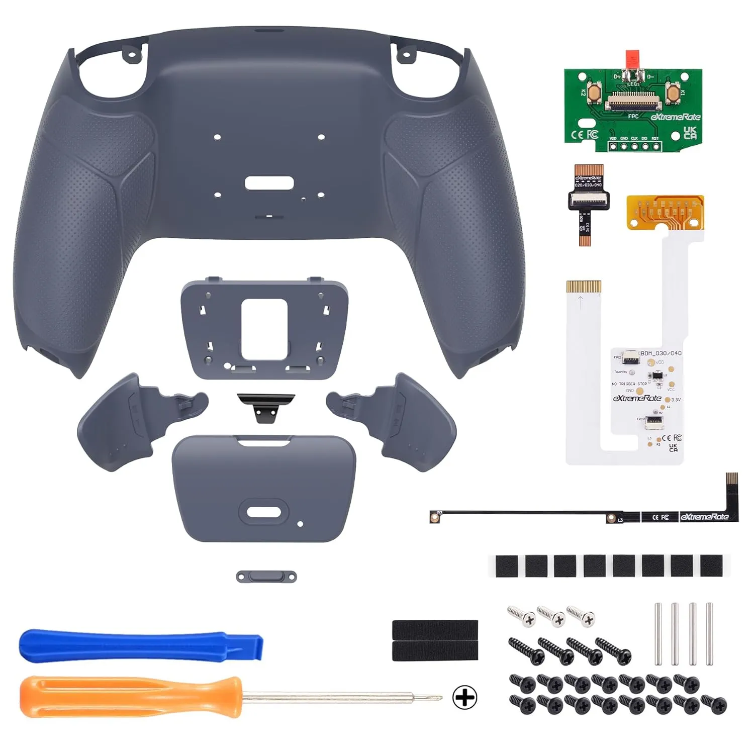 eXtremeRate Sterling Silver Rubberized Grip Programable Rise V3 Remap Kit for PS5 Controller BDM-030 040 050, Upgrade Board Redesigned Bottom Shell Back Buttons Set for PS5 Controller - NO Controller