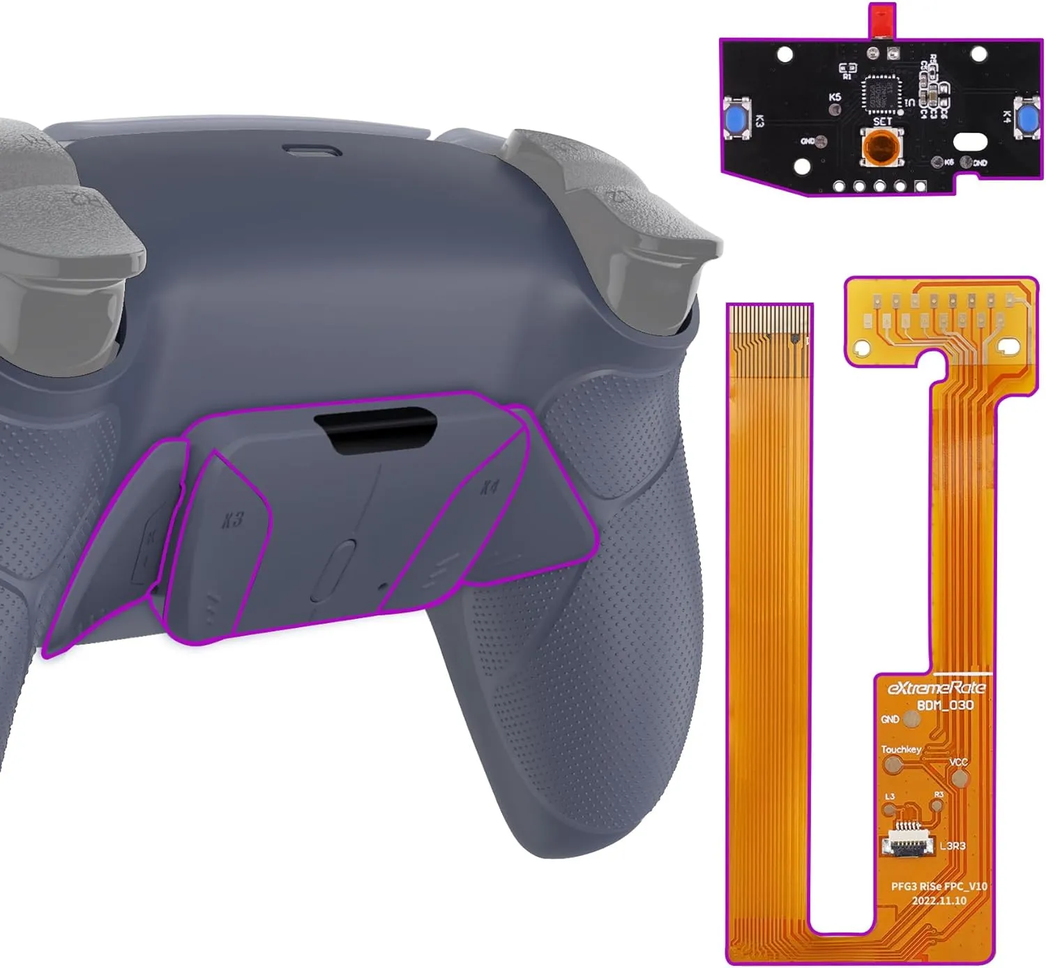 eXtremeRate Sterling Silver Rubberized Grip Programable RISE4 Remap Kit for PS5 Controller BDM-030 040 050 Models, Upgrade Board, Redesigned Back Shell, 4 Back Buttons for PS5 Controller