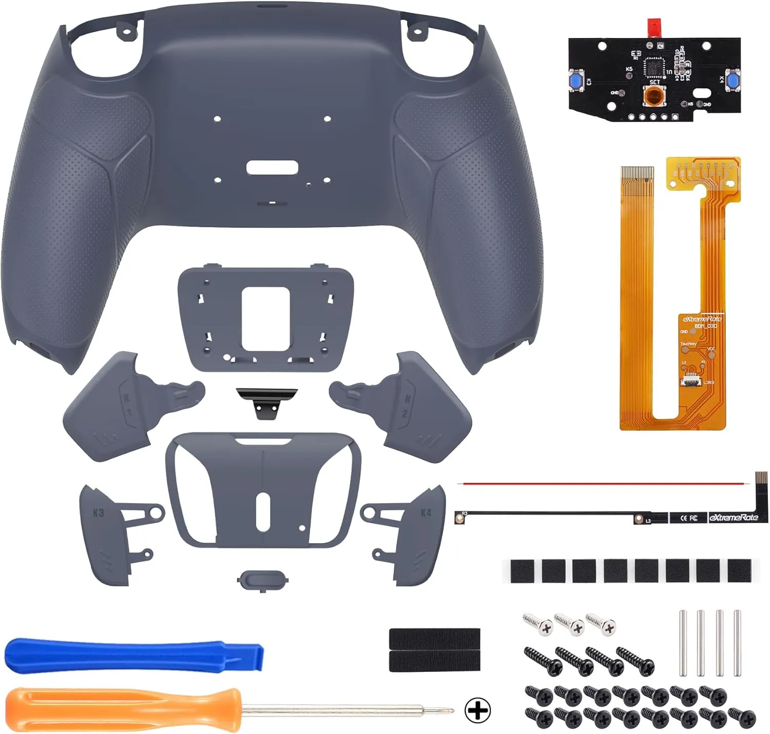 eXtremeRate Sterling Silver Rubberized Grip Programable RISE4 Remap Kit for PS5 Controller BDM-030 040 050 Models, Upgrade Board, Redesigned Back Shell, 4 Back Buttons for PS5 Controller