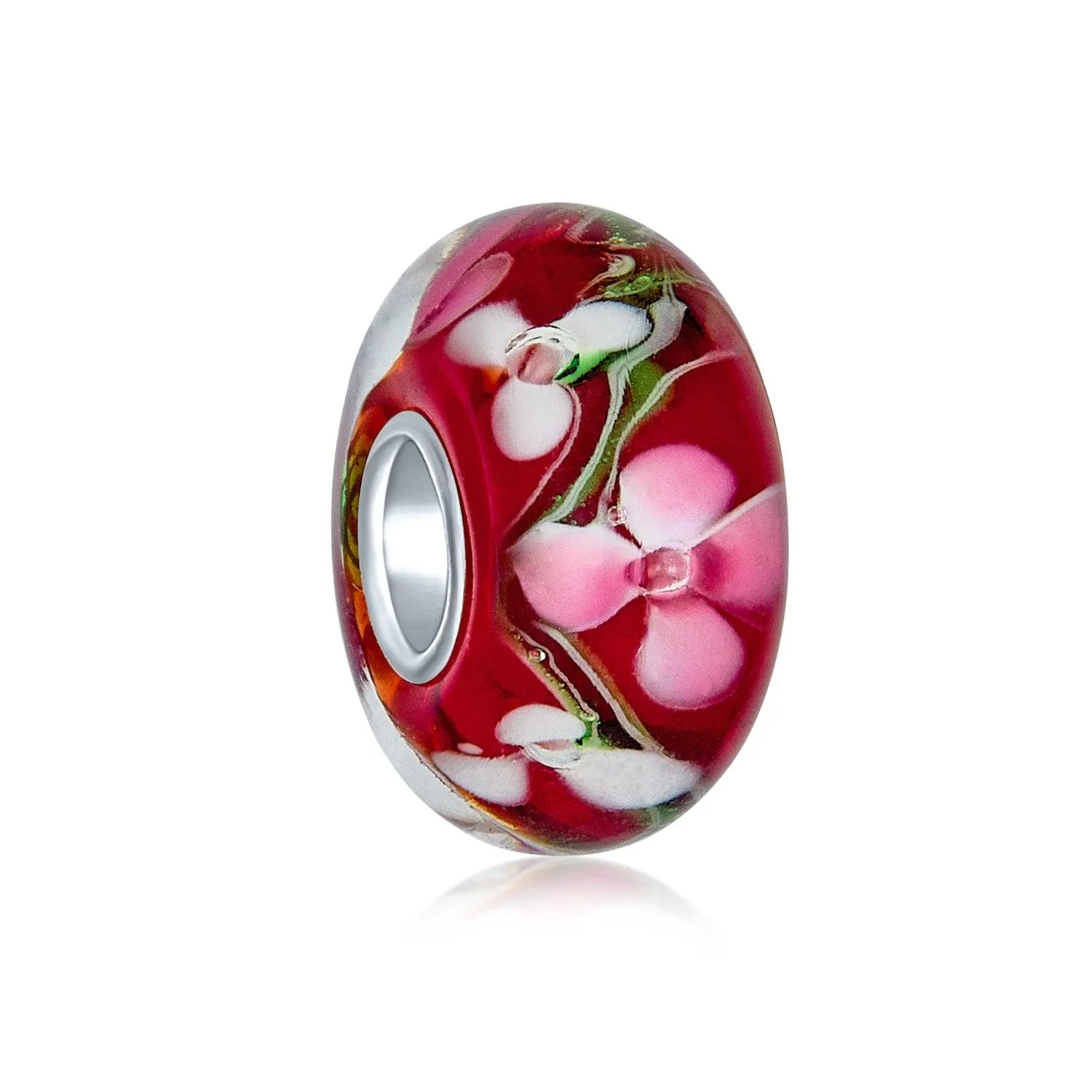 Flower Red Black Green Pink Hibiscus Rose Charm Bead Murano Glass Sterling Silver