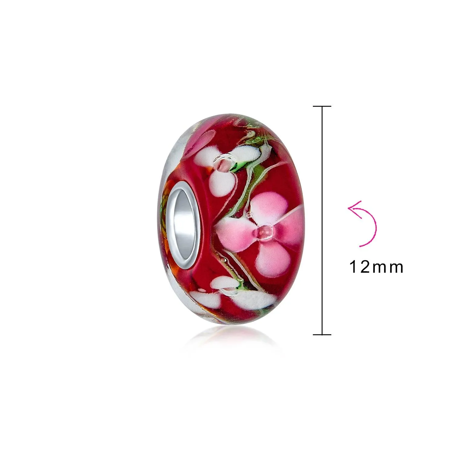 Flower Red Black Green Pink Hibiscus Rose Charm Bead Murano Glass Sterling Silver