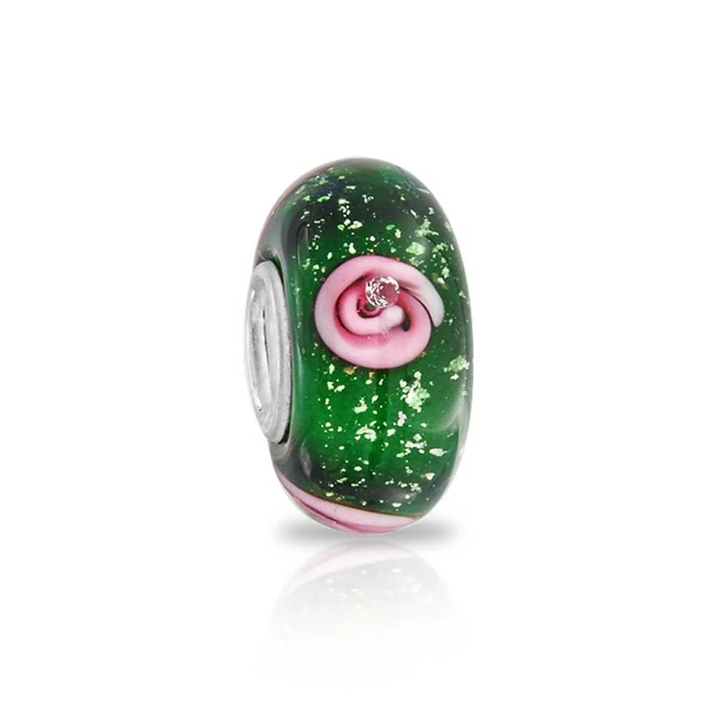 Flower Red Black Green Pink Hibiscus Rose Charm Bead Murano Glass Sterling Silver