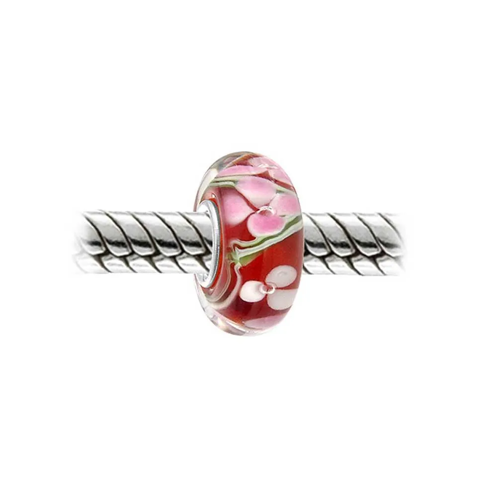 Flower Red Black Green Pink Hibiscus Rose Charm Bead Murano Glass Sterling Silver