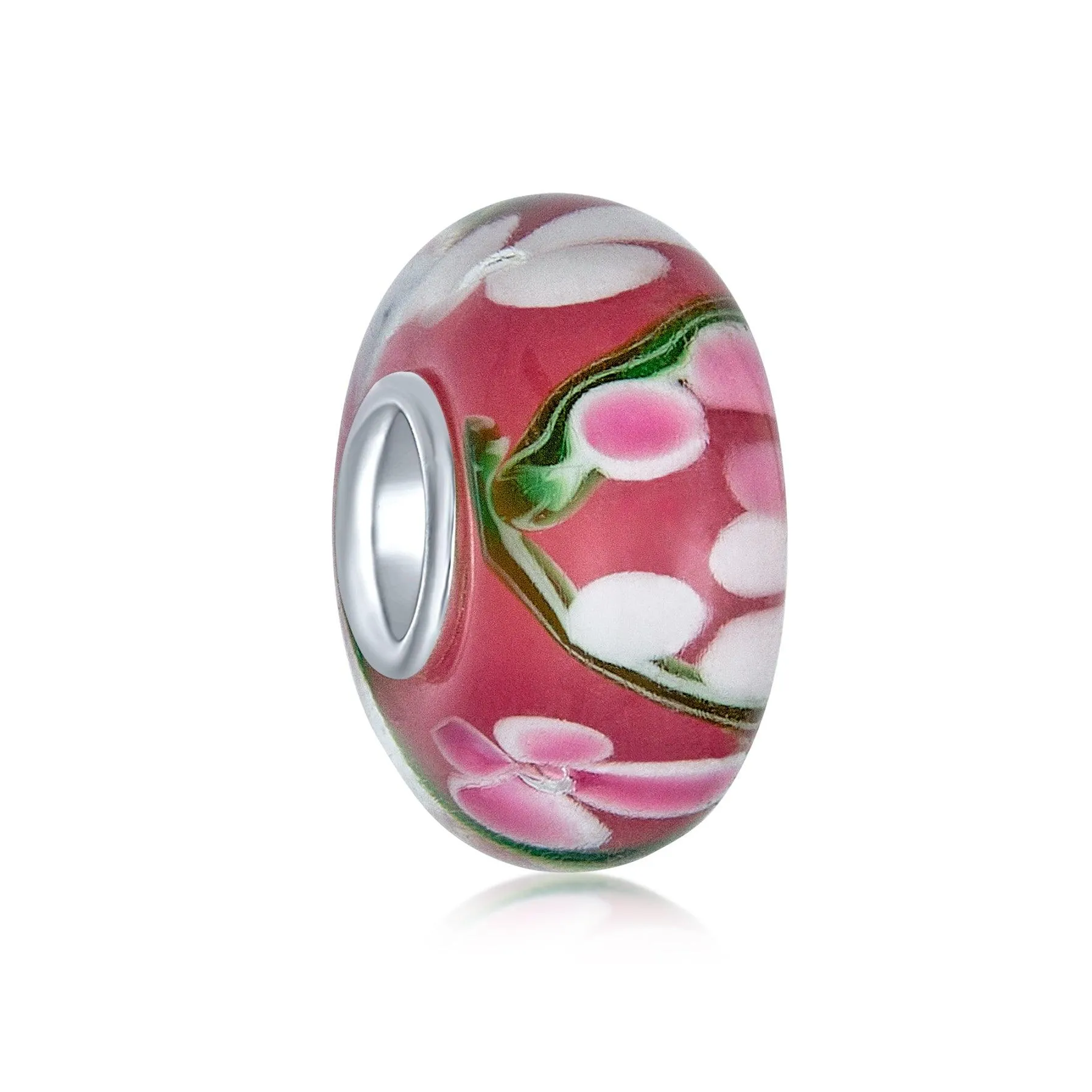 Flower Red Black Green Pink Hibiscus Rose Charm Bead Murano Glass Sterling Silver