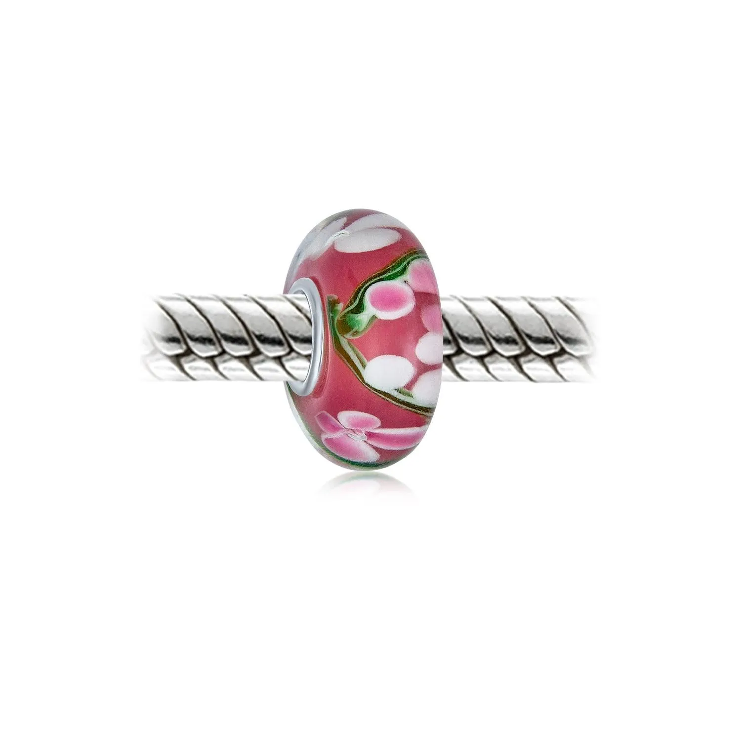 Flower Red Black Green Pink Hibiscus Rose Charm Bead Murano Glass Sterling Silver