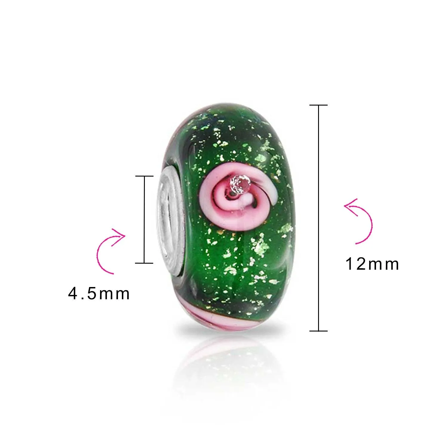 Flower Red Black Green Pink Hibiscus Rose Charm Bead Murano Glass Sterling Silver