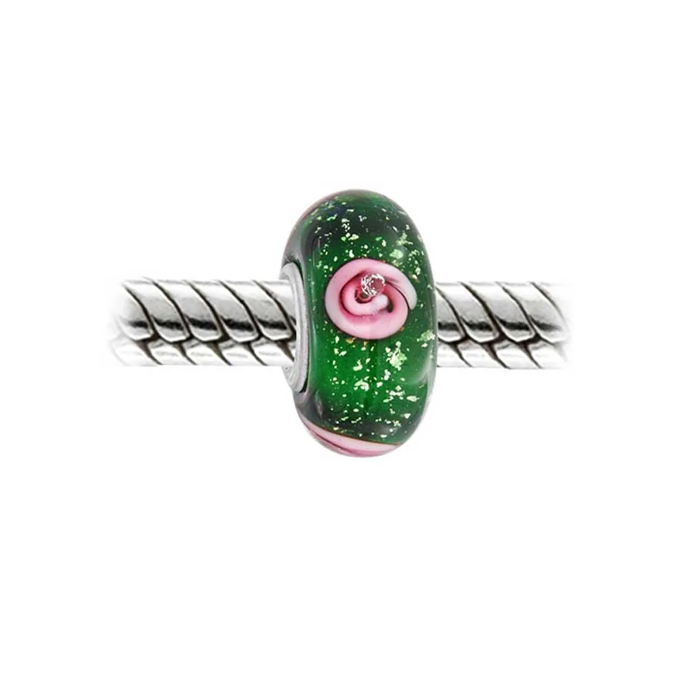 Flower Red Black Green Pink Hibiscus Rose Charm Bead Murano Glass Sterling Silver